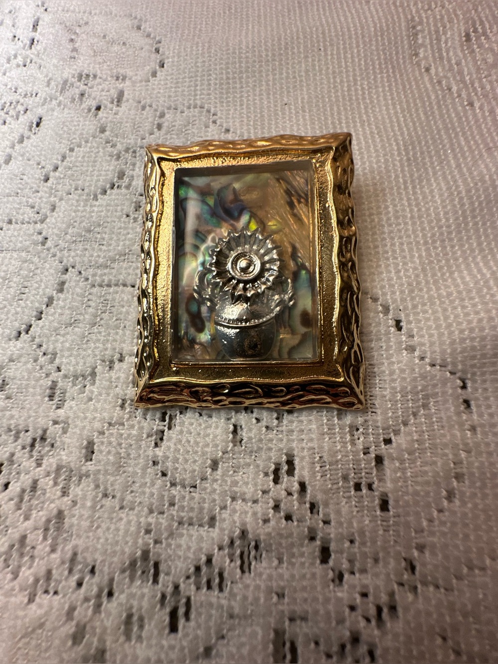 Gold Framed Art Brooch with Abalone Shell Sunflower Accent